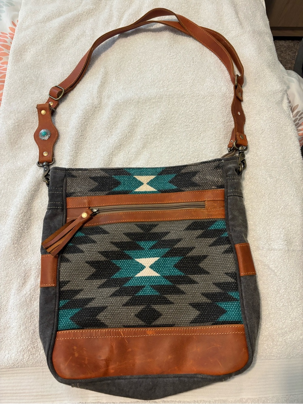Myra Bag Teal, Gray & Brown Aztec Crossbody with Leather Trim